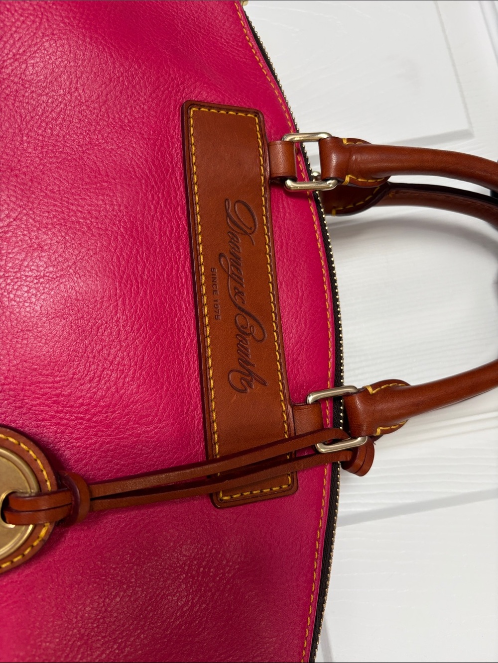 Dooney & Bourke Hot Pink Leather Satchel with Brown Trim - Picture 4 of 16